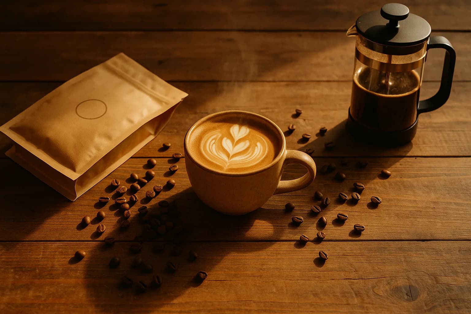Freshly roasted coffee beans, a bag of coffee, and a steaming cup on a wooden table.